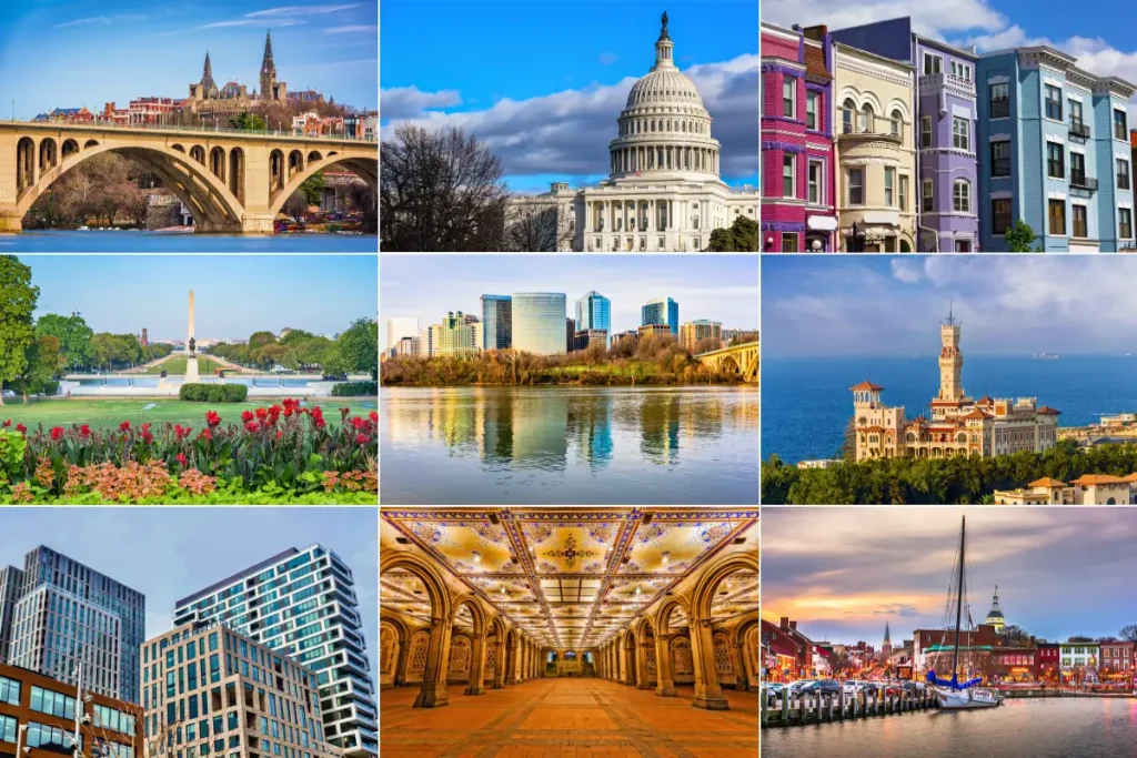 Georgetown, Capitol Hill, Adams Morgan, National Mall, Arlington, Alexandria, McLean, and Bethesda